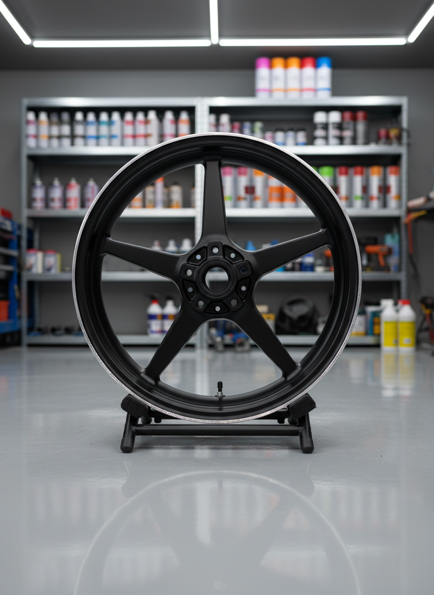 A matte black motorcycle wheel clamped gently in a low-profile workshop stand, its rim freshly repaired and refinished, transitioning from raw aluminum at the lip to a satin black center. Tiny metallic flecks catch the light along the repaired edge where curb rash once was. The wheel sits on a spotless, light gray epoxy floor with scattered reflection. Soft, diffused overhead lighting eliminates harsh shadows, creating an even, professional glow. Captured from a low, front-facing angle, the composition places the wheel centered with a shallow depth of field, while blurred shelves of paint cans and polishing tools form a playful yet organized backdrop in realistic photographic style.