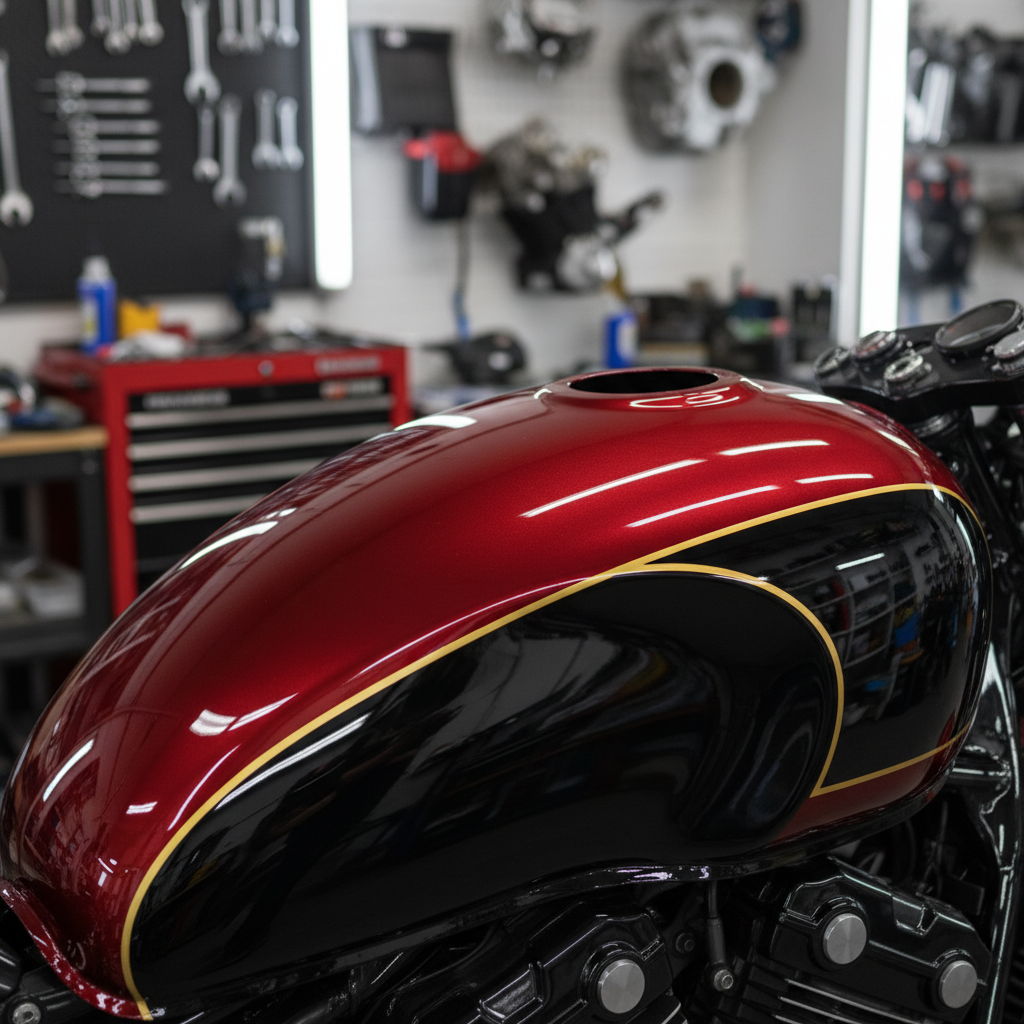 A close-up of a motorcycle fuel tank and side fairing freshly repainted in a two-tone candy red and jet-black scheme, with crisp, perfectly masked pinstripes where old decals once were. The paint is mirror-gloss, showing soft reflections of a tidy workshop with toolboxes and hanging parts. Overhead fluorescent lights create sharp, clean highlights along the curves of the tank, with controlled shadows underneath. Shot from a slightly elevated angle with shallow depth of field, the focus is entirely on the flawless paint and smooth surface where brand decals used to be, conveying precision and playful pride in the craftsmanship with photographic realism.