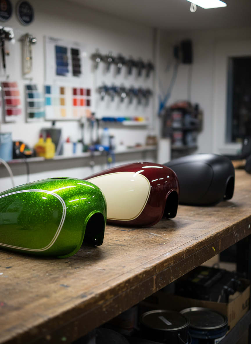 A row of three contrasting motorcycle fuel tanks displayed on a long wooden workbench: one with a wild neon-green flake custom paint job, one with a subtle vintage cream and maroon scheme, and one in stealthy satin charcoal, all perfectly smooth and glossy. Each tank has its brand decals removed or replaced with simple pinstripes. Soft studio lighting from above and slightly to the left creates bright, crisp highlights and gentle shadows that show off every curve. The background is a slightly blurred workshop wall with color samples and spray guns hanging neatly. Shot from a slightly elevated angle in photographic realism, the mood is playful, creative, and proudly obsessive about paint.