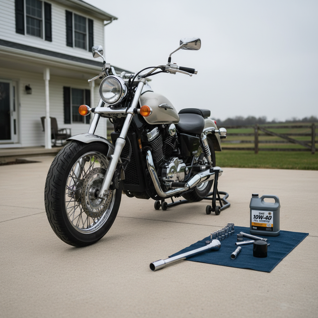 A classic cruiser motorcycle on a clean concrete driveway in front of a modest Kentucky home, propped securely on a rear stand for basic maintenance. The focus is on the neatly laid-out tools beside it: torque wrench, sockets, oil filter, and a small labeled container of fresh oil. The bike’s chrome glints softly under overcast daylight, with gentle, diffused light reducing harsh reflections. Rolling bluegrass fields and a weathered wooden fence are softly blurred in the background. Shot from a slightly elevated three-quarter angle, the composition balances the motorcycle and tools using the rule of thirds, creating an approachable, confidence-building mood in a realistic, clean photographic style.
