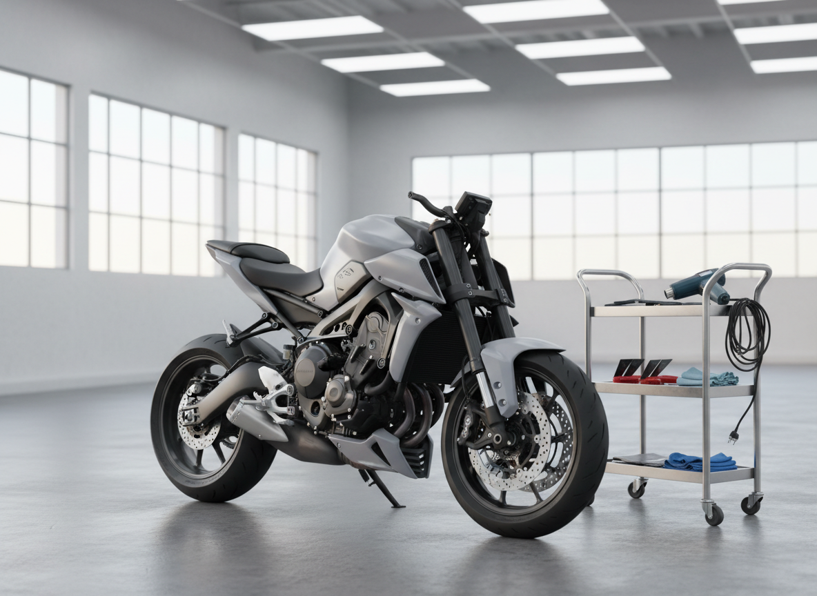 A modern, naked motorcycle in a bright, tidy workshop, its original brand decals carefully removed, leaving a smooth, uniform satin gray surface ready for new graphics. The fairings show no adhesive residue, only immaculate paint that subtly reflects the surroundings. On a nearby rolling cart, adhesive-removal tools, heat gun, and clean microfiber cloths rest in organized fashion. Large windows fill the space with soft, natural daylight, complemented by cool overhead LEDs that create crisp, controlled highlights. Captured at eye level with a front three-quarter view, the composition emphasizes the clean lines and de-identified look of the bike, conveying a playful sense of “blank canvas” customization in realistic photographic style.
