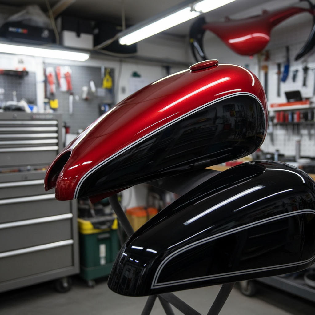Close-up of a Harley-Davidson style motorcycle fuel tank and side fairing freshly repainted in a two-tone candy red and jet-black scheme, with crisp, perfectly masked pinstripes where old decals once were. The paint is mirror-gloss, showing soft reflections of a tidy workshop with toolboxes and hanging parts. Overhead fluorescent lights create sharp, clean highlights along the curves of the tank, with controlled shadows underneath. Slightly elevated angle with shallow depth of field, focus on the flawless paint and smooth surface, realistic photography.