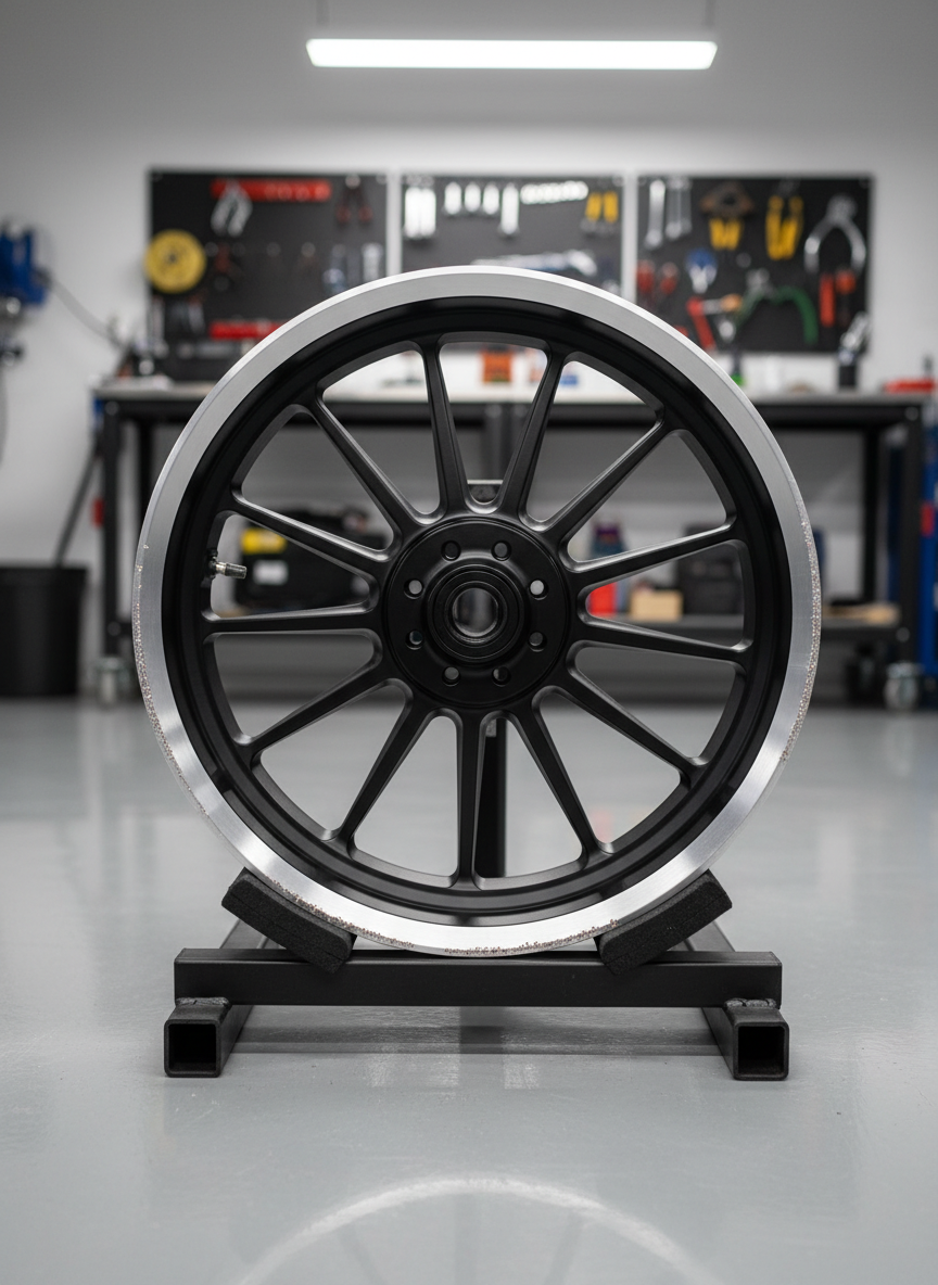 A matte black Harley-Davidson style motorcycle wheel clamped gently in a low-profile workshop stand, rim freshly repaired and refinished, transitioning from raw aluminum at the lip to a satin black center. Tiny metallic flecks catch the light along the repaired edge where curb rash once was. Wheel on a spotless, light gray epoxy floor with soft reflection. Soft, diffused overhead lighting, no harsh shadows. Low, front-facing angle, centered composition, shallow depth of field, professional workshop background, realistic photography.