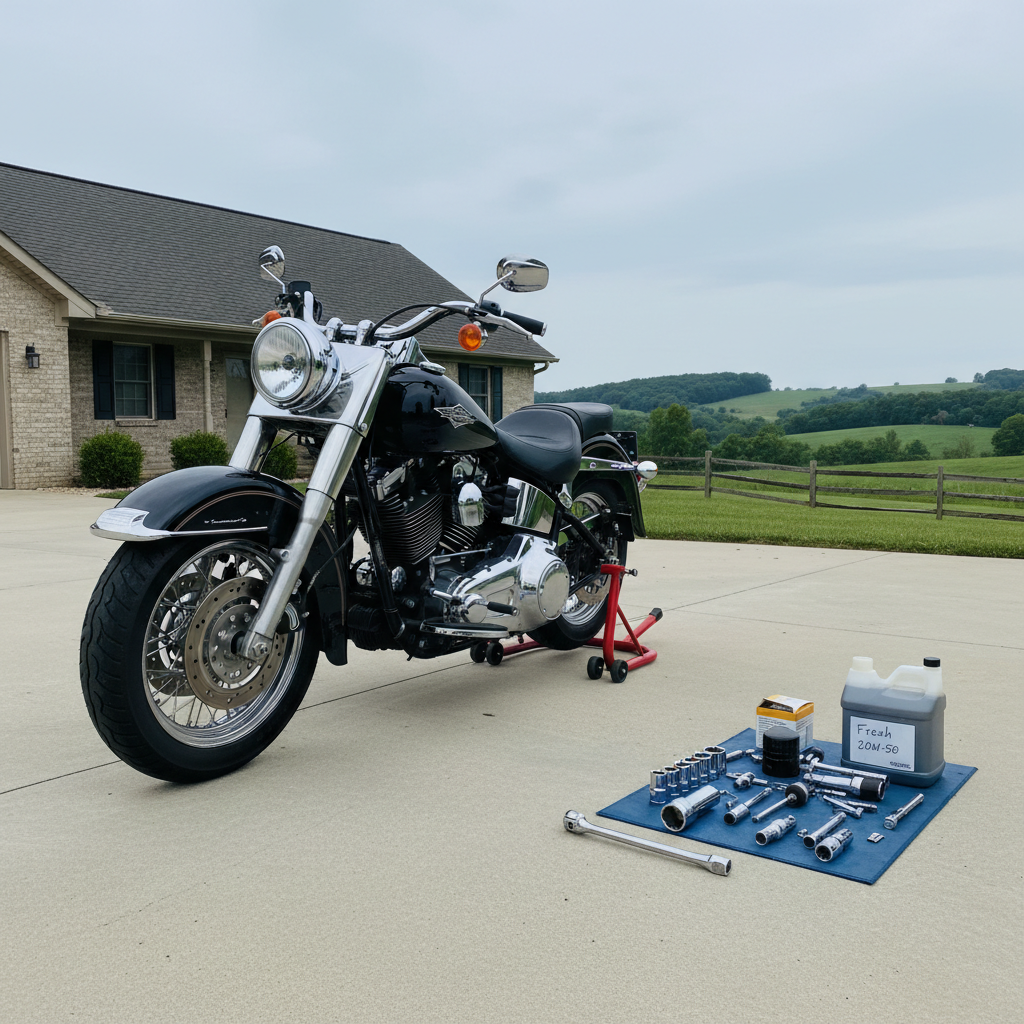 A classic Harley-Davidson cruiser motorcycle on a clean concrete driveway in front of a modest Kentucky home, propped securely on a rear stand for basic maintenance. Neatly laid-out tools beside it: torque wrench, sockets, oil filter, and a small labeled container of fresh oil. Chrome glints softly under overcast daylight, diffused light reducing harsh reflections. Rolling bluegrass fields and a weathered wooden fence softly blurred in the background. Slightly elevated three-quarter angle, rule-of-thirds composition, realistic, clean photographic style.
