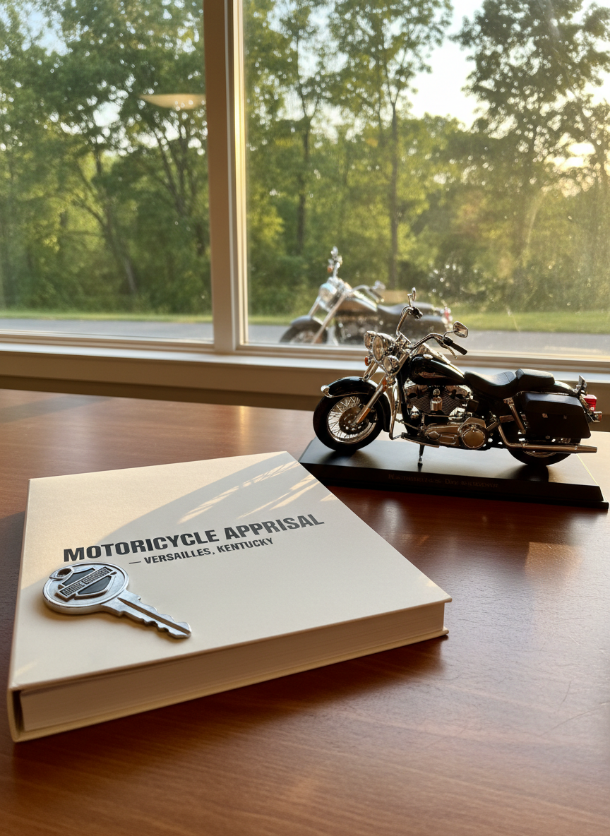 A neatly organized desk in a bright office space with a single Harley-Davidson style motorcycle key and a thick appraisal folder placed beside a small model Harley motorcycle. The folder cover reads “Motorcycle Appraisal – Versailles, Kentucky” in clean, modern typography. Large window in the background reveals a soft-focus hint of a parked Harley and lush Kentucky greenery. Late afternoon sunlight streams through, casting warm diagonal streaks of light across the wood grain desk and creating gentle shadows, realistic photographic style.