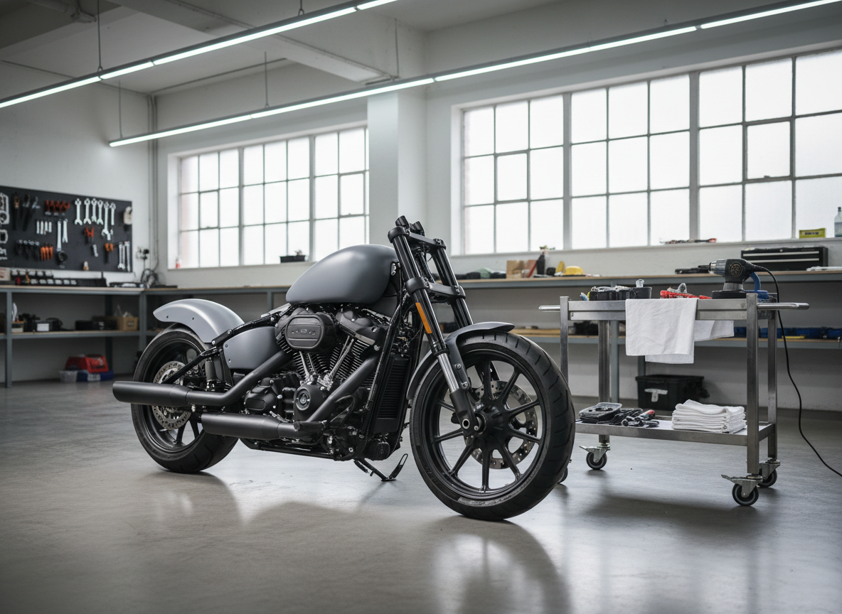 A modern, naked Harley-Davidson style motorcycle in a bright, tidy workshop, its original brand decals carefully removed, leaving a smooth, uniform satin gray surface ready for new graphics. Fairings show no adhesive residue, only immaculate paint that subtly reflects the surroundings. On a nearby rolling cart, adhesive-removal tools, heat gun, and clean microfiber cloths rest in organized fashion. Large windows fill the space with soft natural daylight, complemented by cool overhead LEDs, crisp highlights and gentle shadows. Eye level, front three-quarter view, realistic photographic style.
