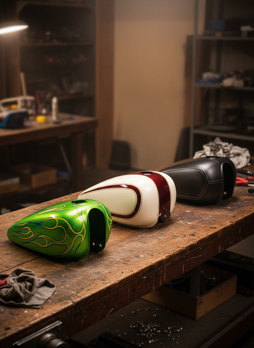 A row of three contrasting Harley-Davidson style motorcycle fuel tanks displayed on a long wooden workbench: one with a wild neon-green flake custom paint job, one with a subtle vintage cream and maroon scheme, and one in stealthy satin charcoal, all perfectly smooth and glossy. Each tank has its brand decals removed or replaced with simple pinstripes. Soft studio lighting from above and slightly to the left creates bright, crisp highlights and gentle shadows. Slightly elevated angle, realistic photographic style, playful and creative mood.